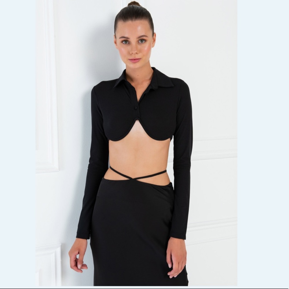 Black Shirt Collar Crop Top - Picture 6 of 6